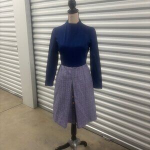 Vintage-Inspired Navy & Tweed Long Sleeve Dress – Size 8 M